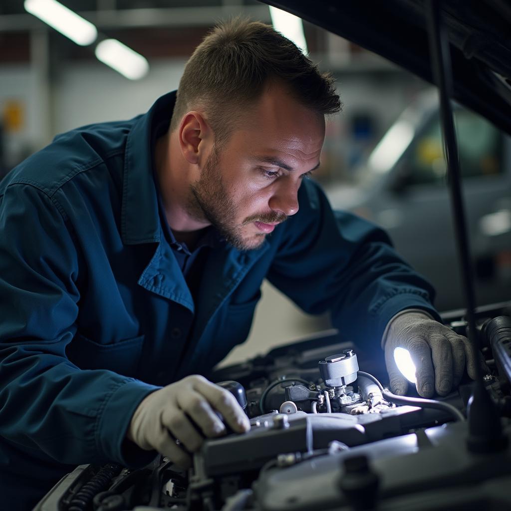 Mechanic inspecting a car engine in a repair shop