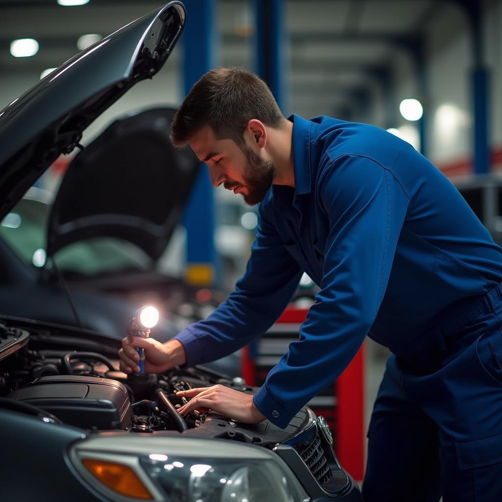 Mechanic inspecting car engine