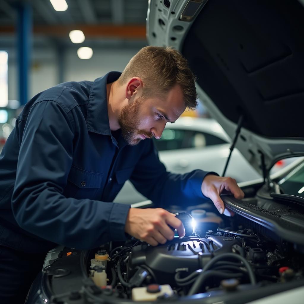 Mechanic inspecting car engine for potential issues