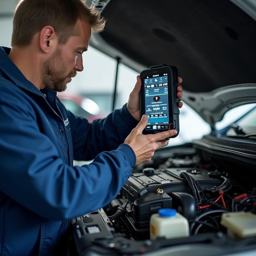 A mechanic inspecting a car engine with a diagnostic tool