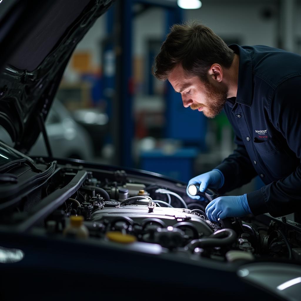 Mechanic inspecting a car engine.