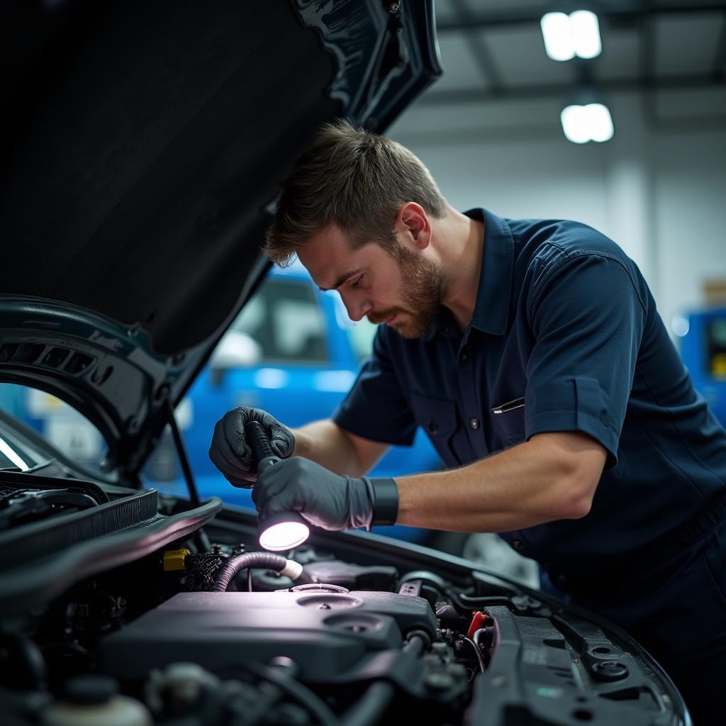 Mechanic Performing a Thorough Car Engine Inspection