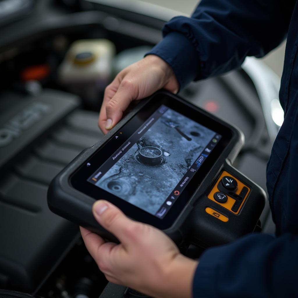 Experienced mechanic inspecting a car engine with a diagnostic tool