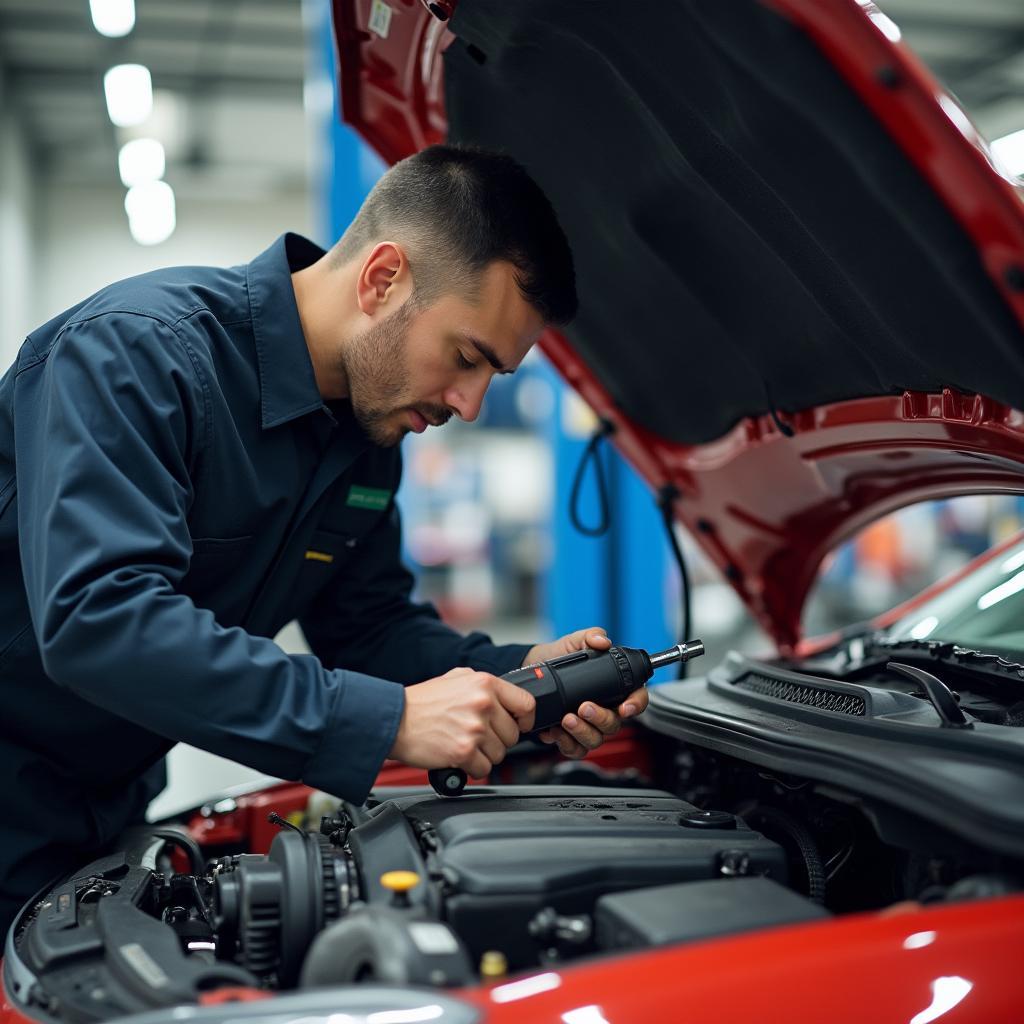 Mechanic performing a thorough engine inspection