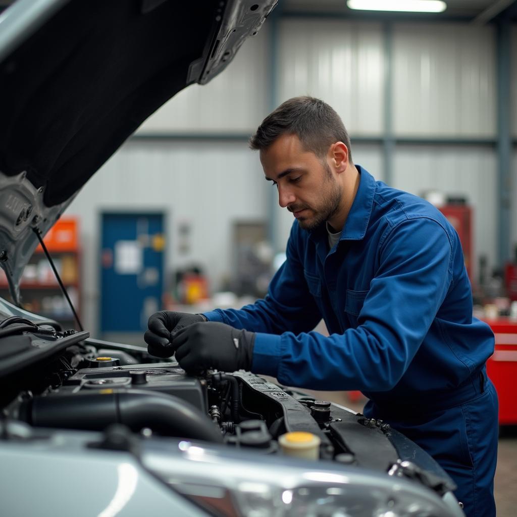 Mechanic Inspecting Car Engine in NYC Garage