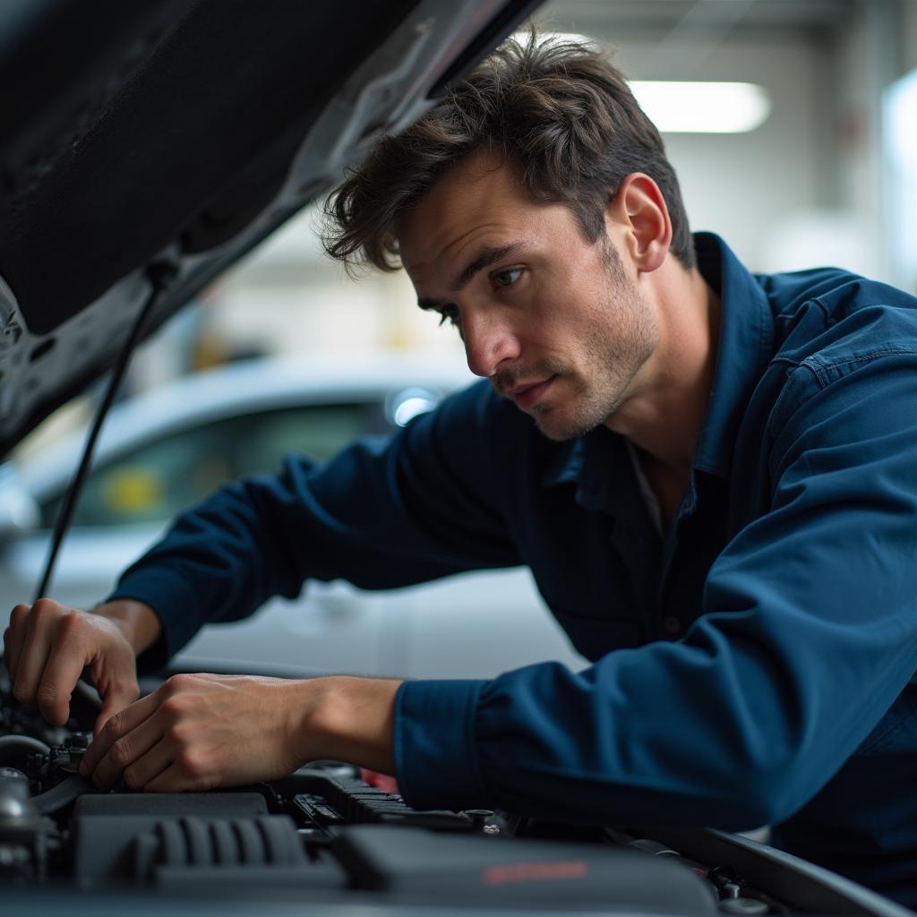 Mechanic conducting a thorough car engine check