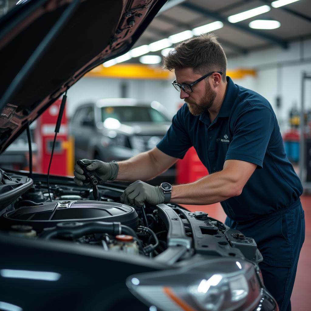 Skilled mechanic performing an engine inspection in a well-equipped auto shop.