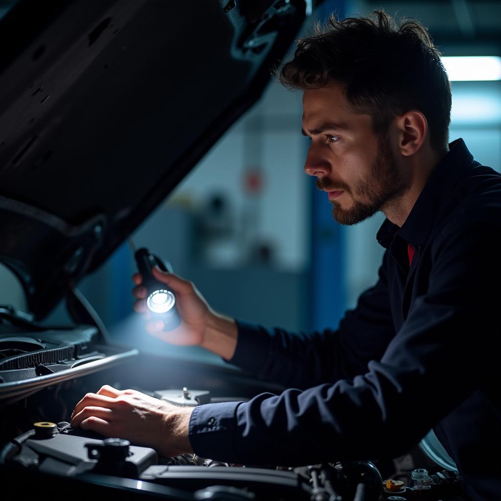  Mechanic inspects car engine with flashlight