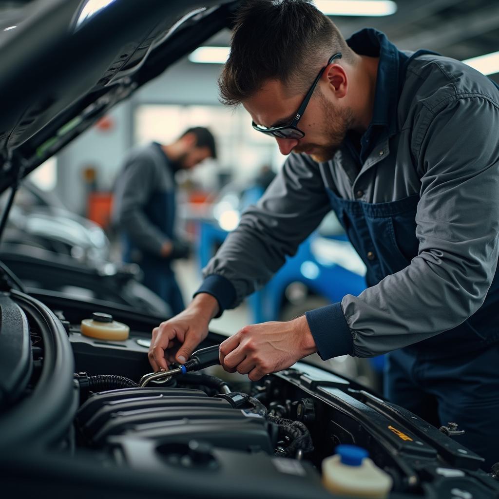 Mechanic inspecting a car engine in a repair shop