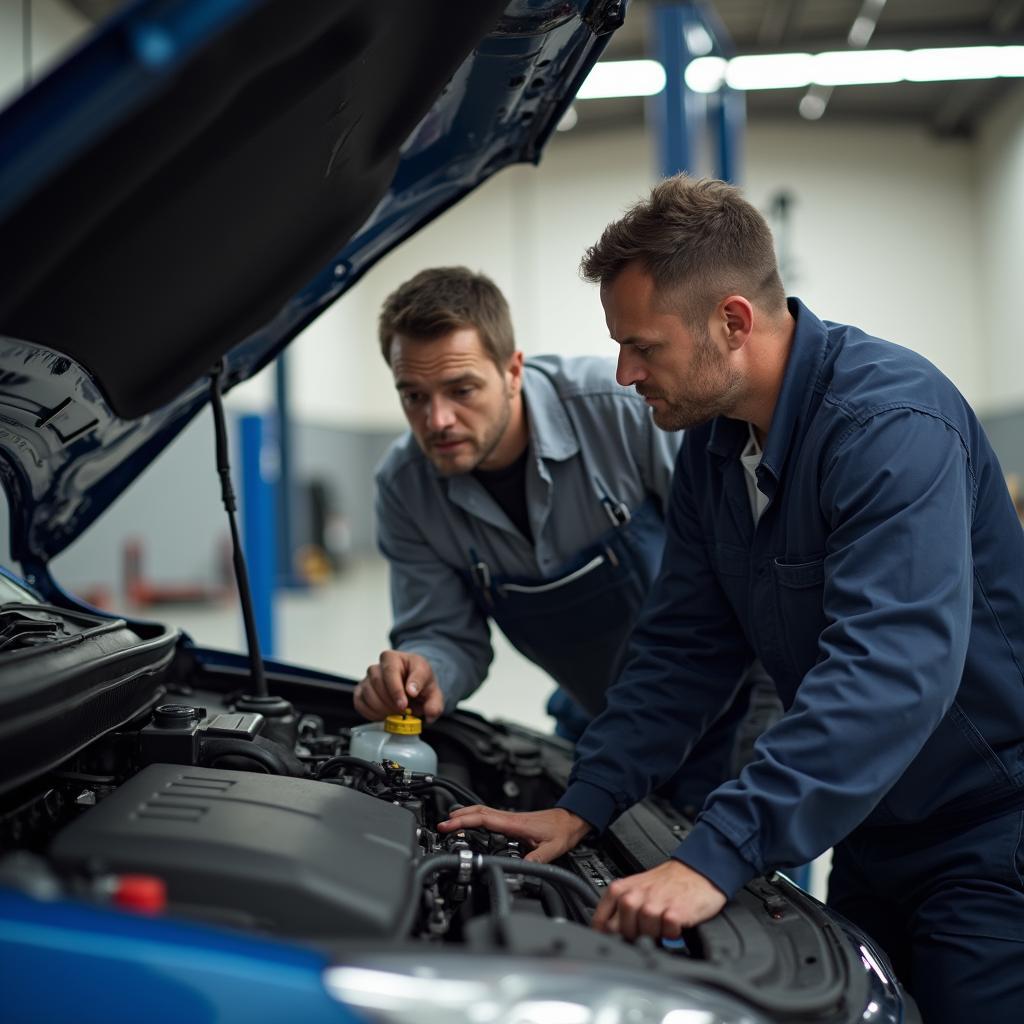 Mechanic inspecting a car engine in a repair shop