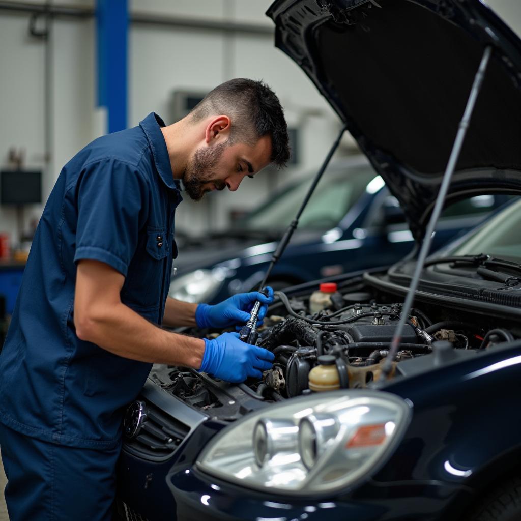 Skilled mechanic performing car engine inspection in Morelia