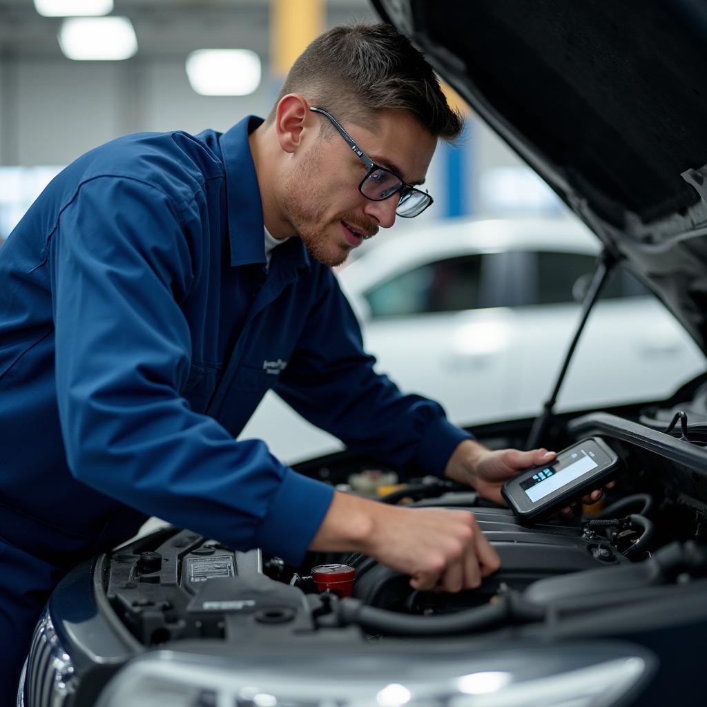 Mechanic diagnosing car problems