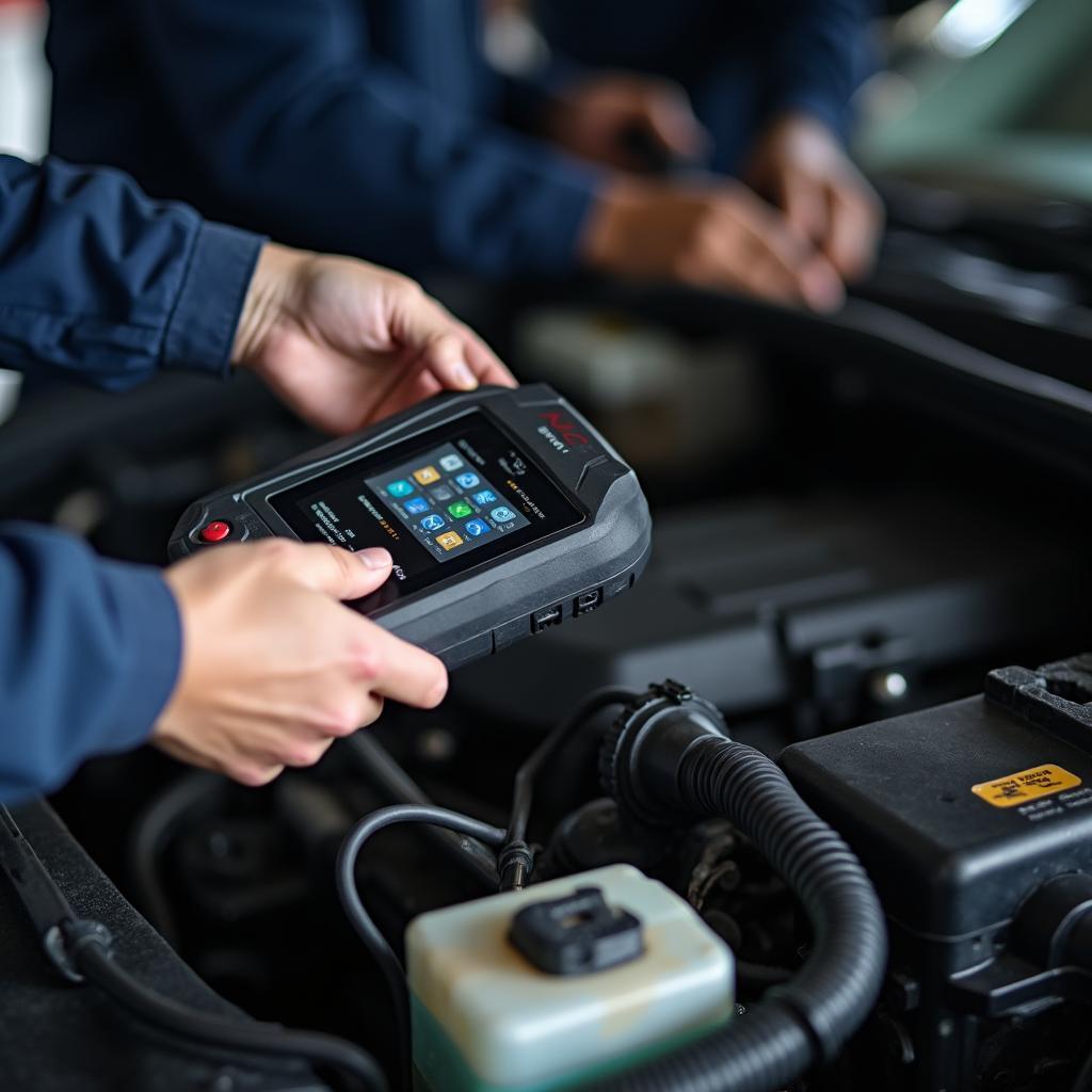 Mechanic using diagnostic tools on a car engine