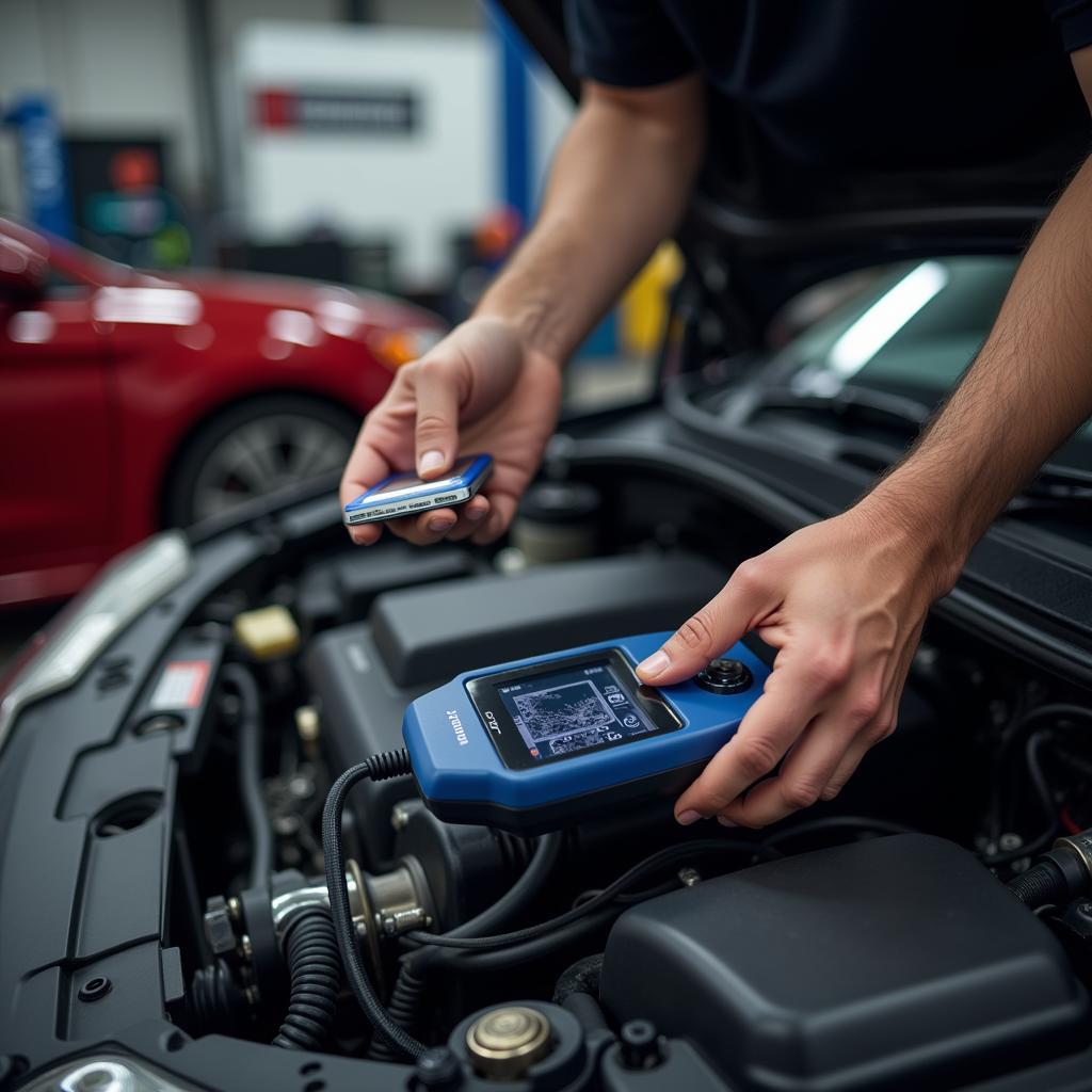 Experienced mechanic inspecting a car engine with a diagnostic tool