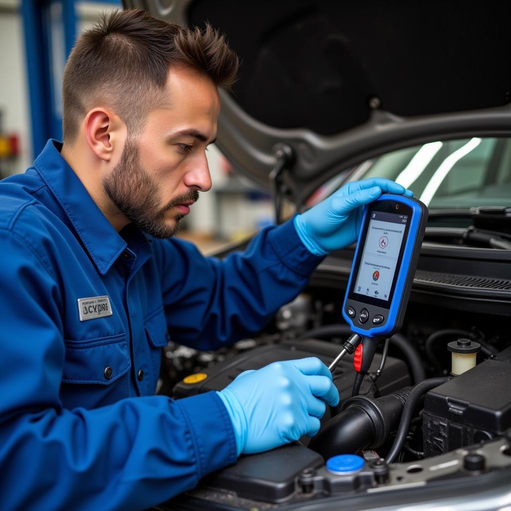 Experienced mechanic in uniform inspecting a car engine with a diagnostic tool.