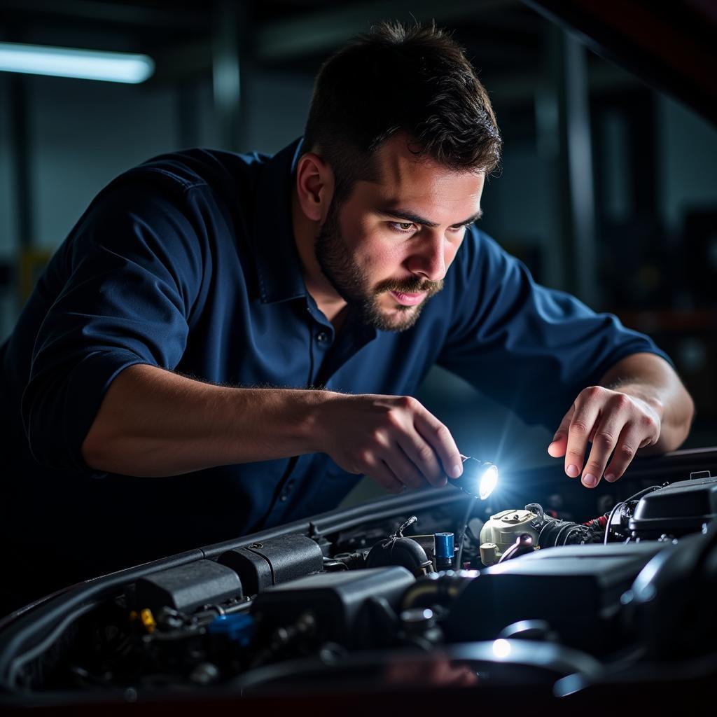 Mechanic inspecting car engine with a flashlight