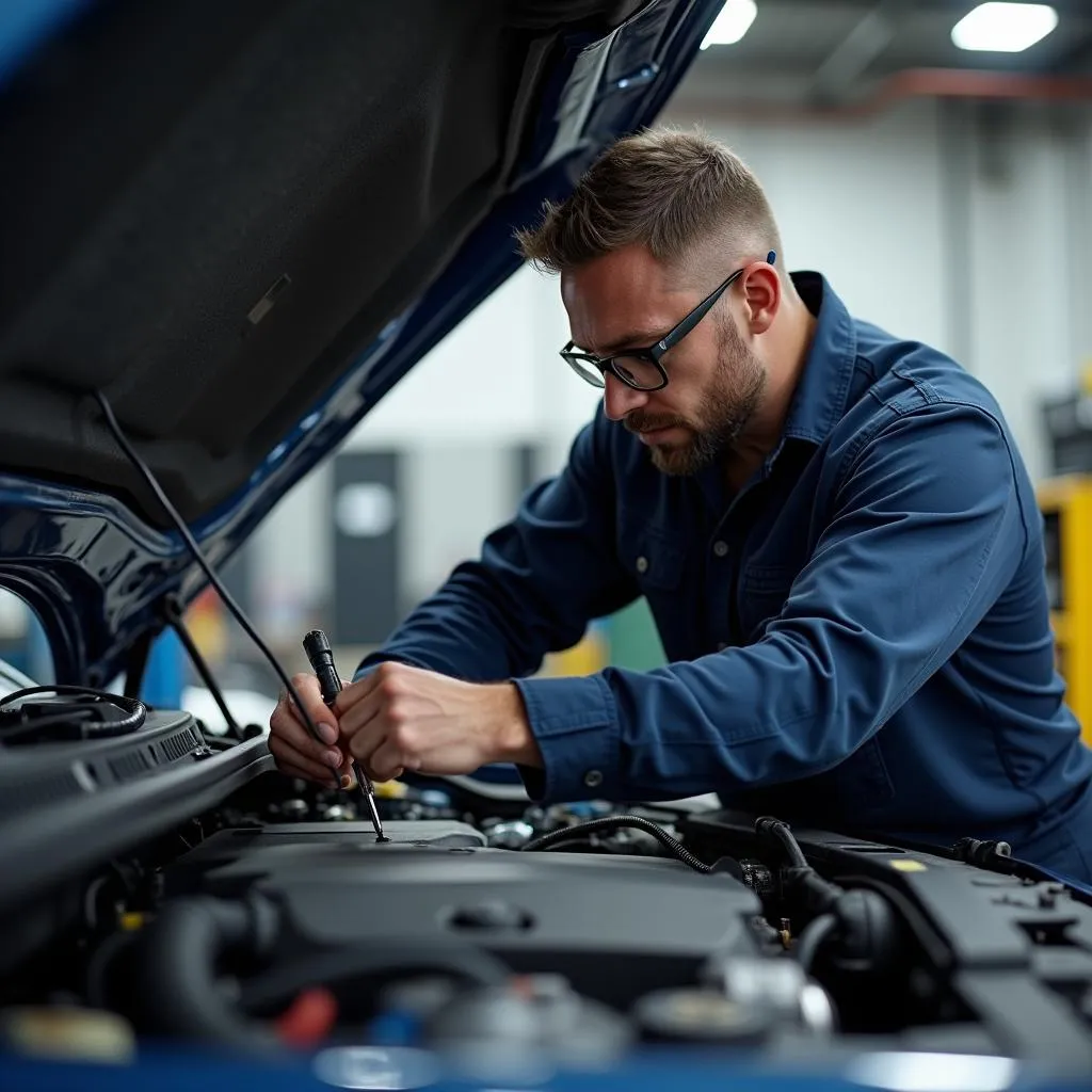 Mechanic Inspecting Car Engine