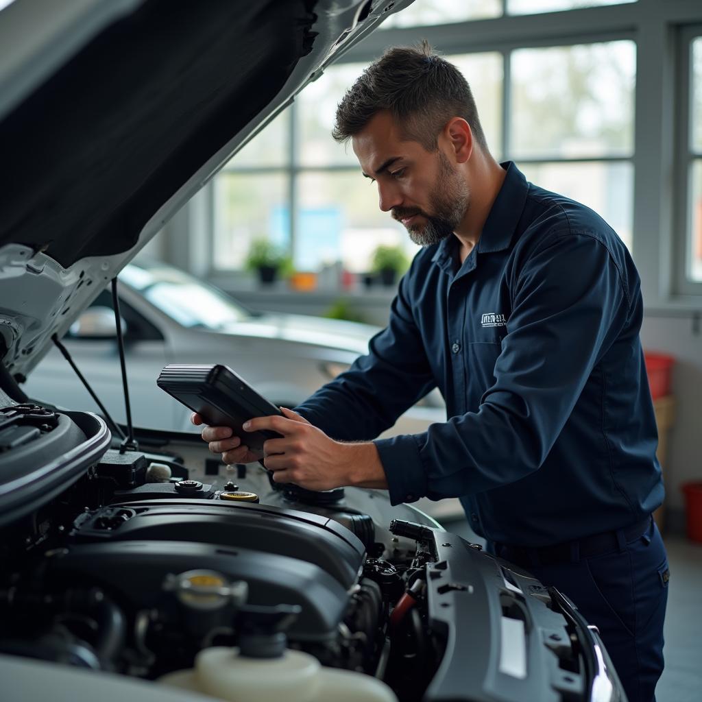 Mechanic inspecting a car engine in Mesa