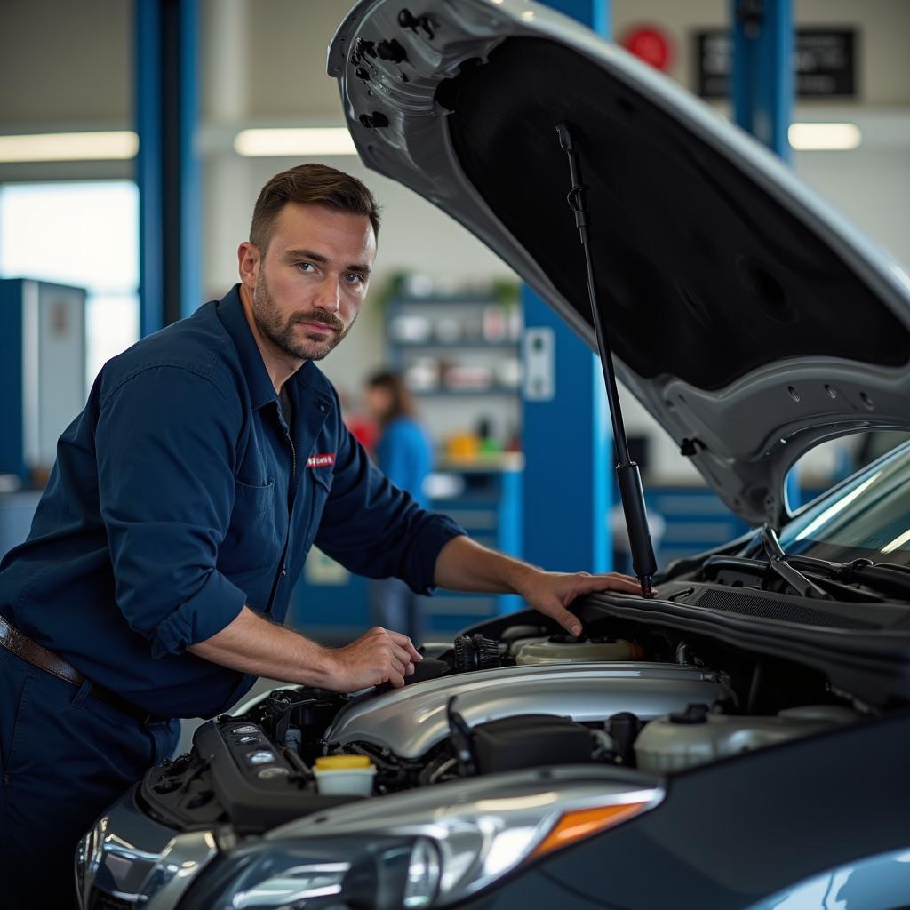 Mechanic inspecting a car engine at an auto express service in Oceanside