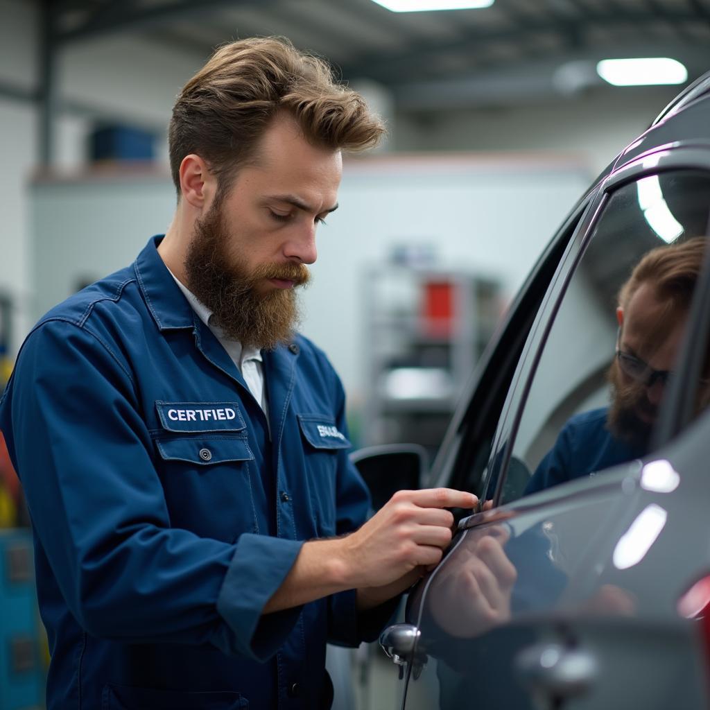 Mechanic Inspecting a Car in a Professional Auto Shop