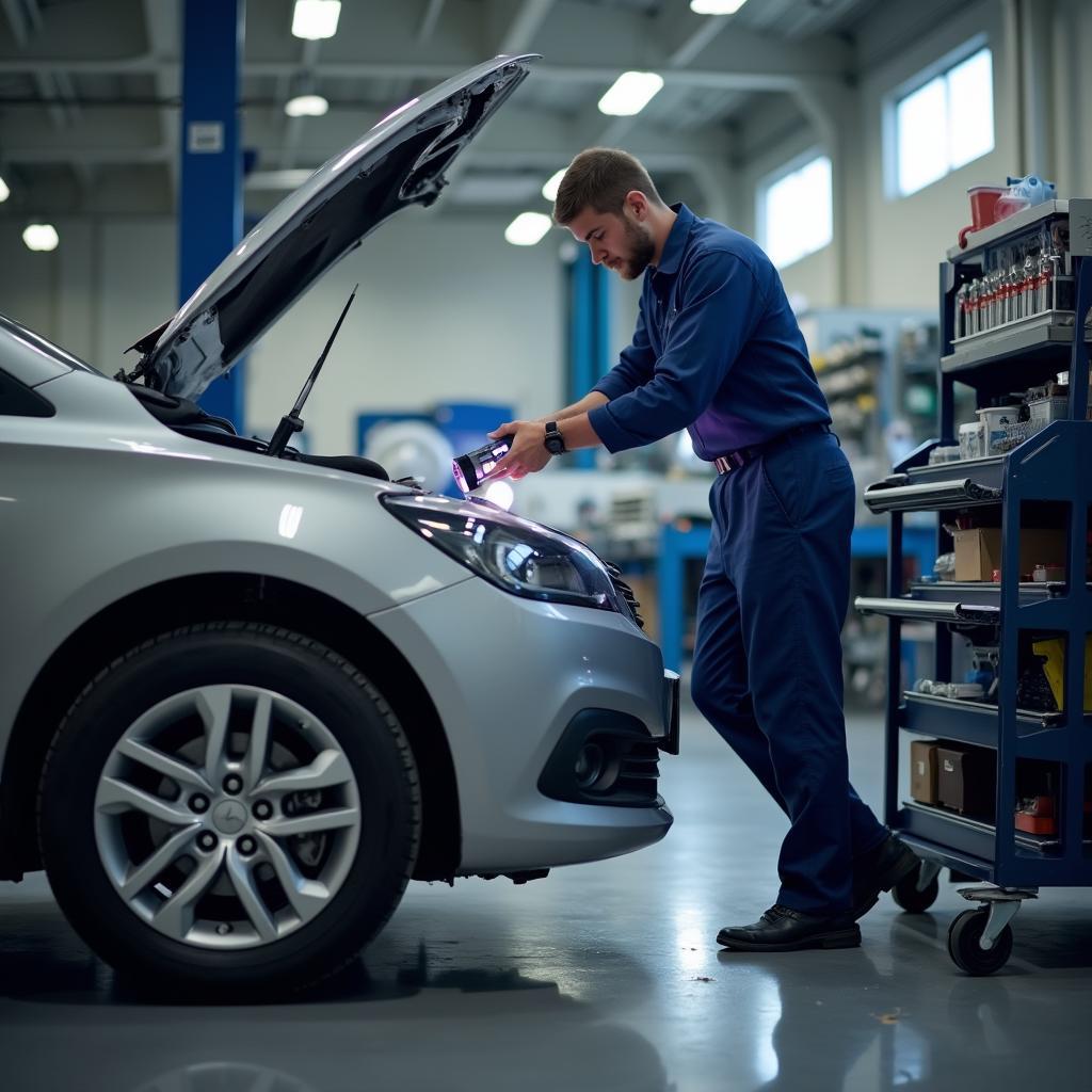 Mechanic inspecting a car in a Bern garage