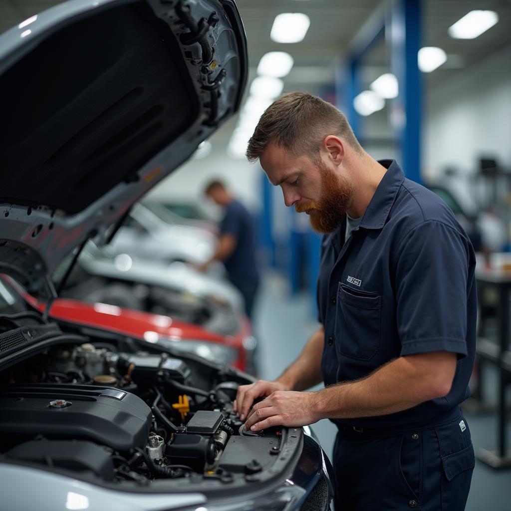 Mechanic inspecting a car in Miami garage