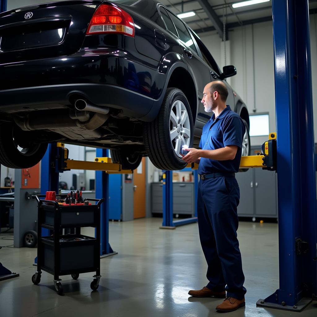 Mechanic inspecting a car in a service bay