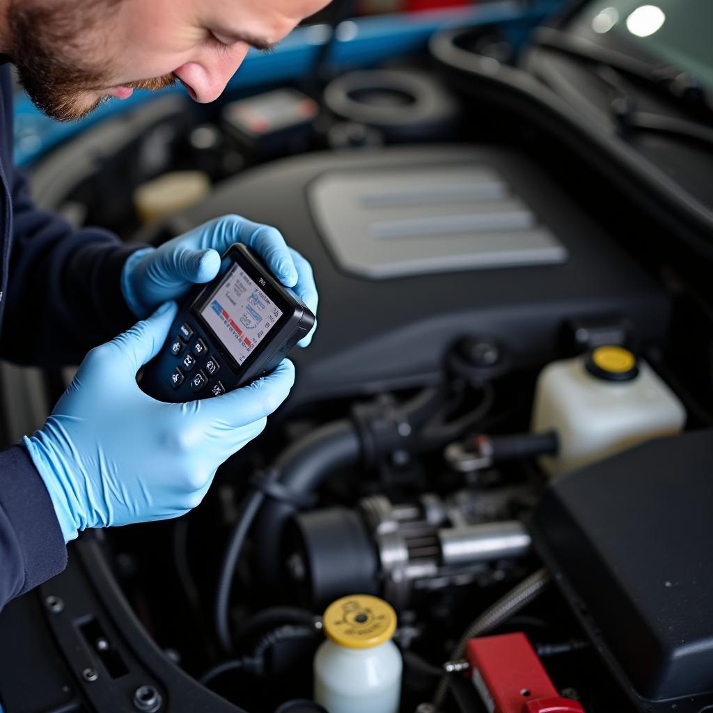 Skilled mechanic using diagnostic equipment to inspect a car's engine in Tarneit.