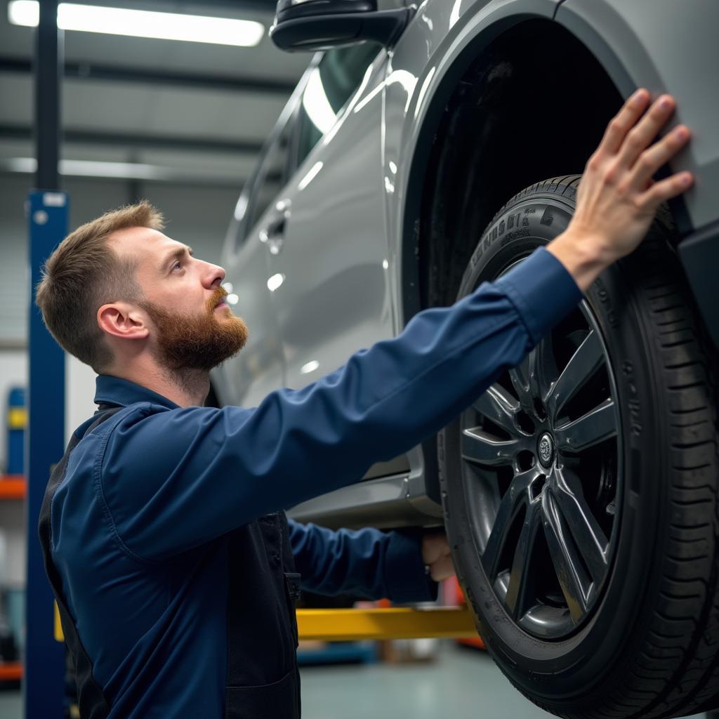 Mechanic Inspecting Car on Lift