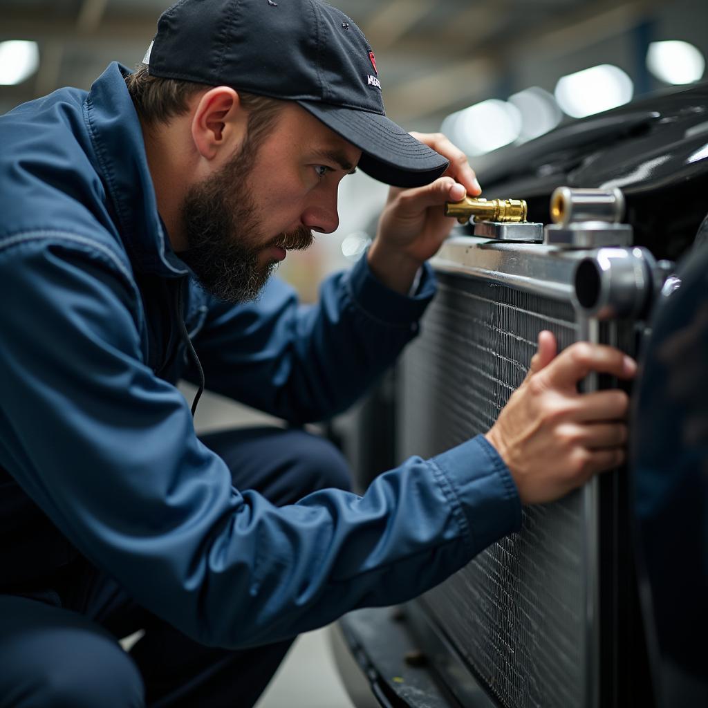 Mechanic inspecting a car radiator in Bangor