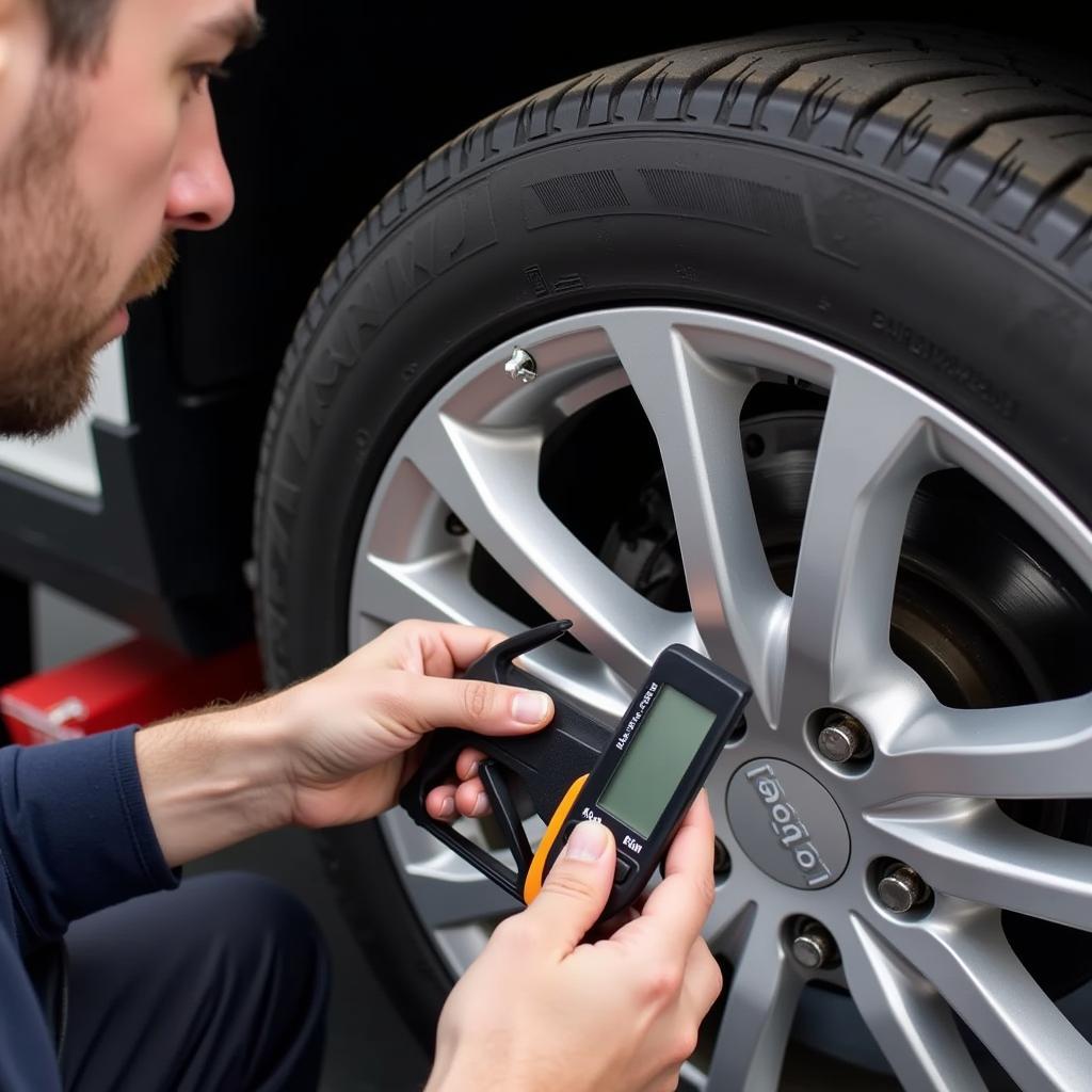 Mechanic Inspecting Car Tire Tread Depth