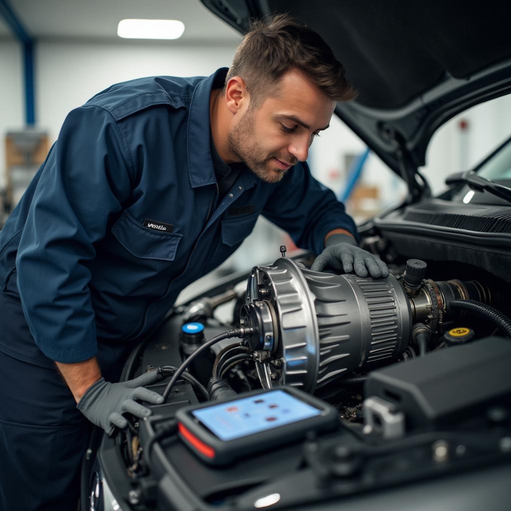 Mechanic Inspecting Car Transmission