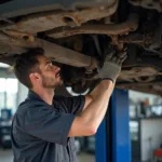 Mechanic inspecting car undercarriage for rust and corrosion