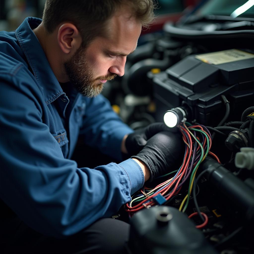 Mechanic Inspecting Car Wiring