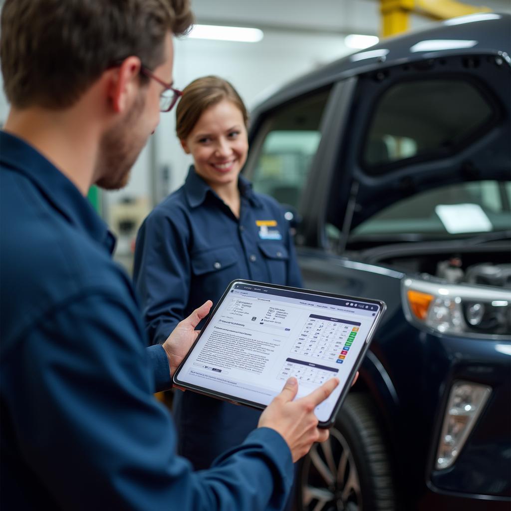 Mechanic explaining car repair to AAA member using a tablet.