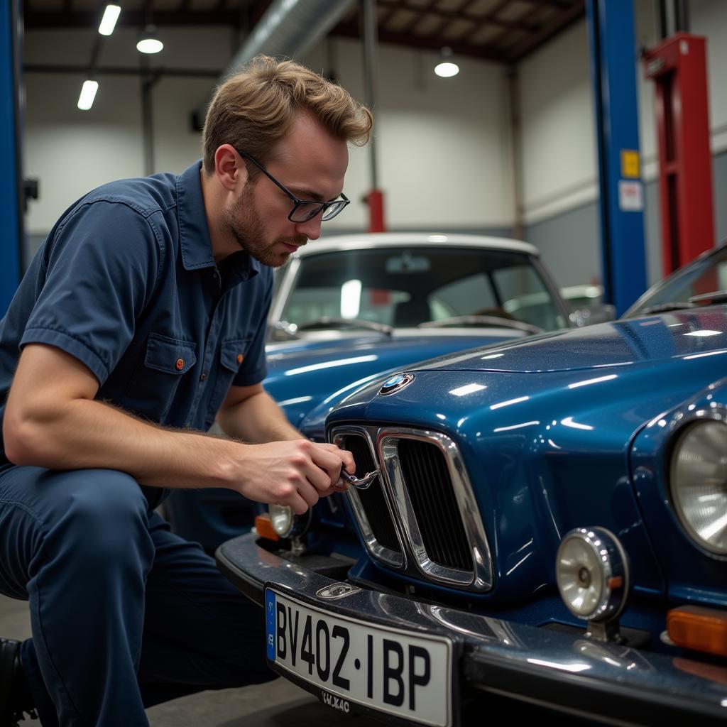 Experienced Mechanic Inspecting a Classic BMW