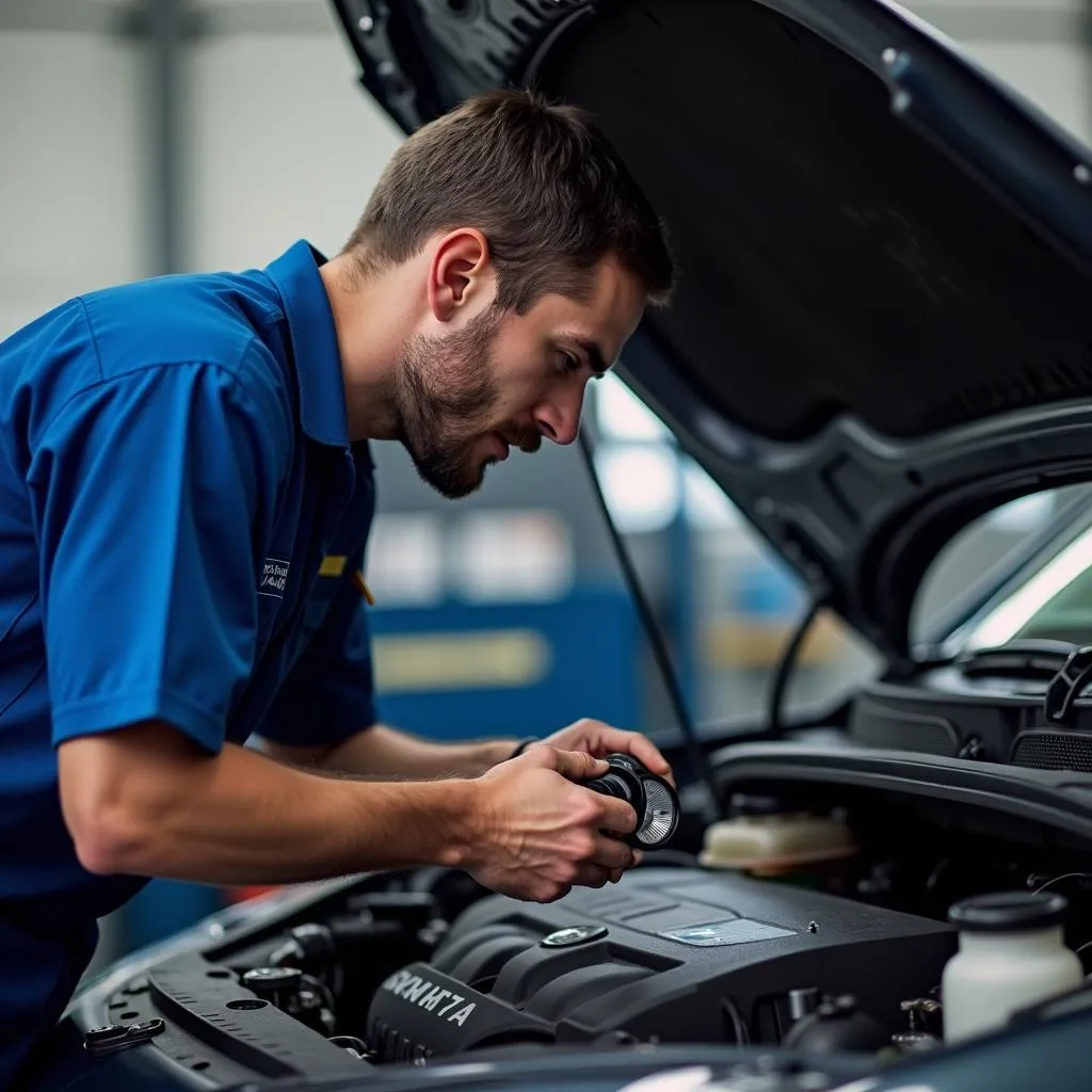 Mechanic inspecting a car engine