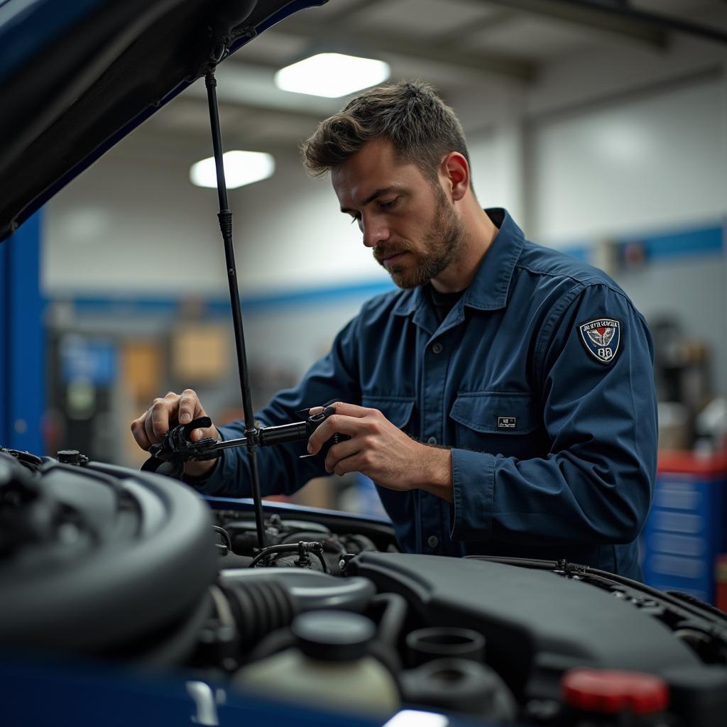 Mechanic performing an engine inspection in Lewisville, TX.