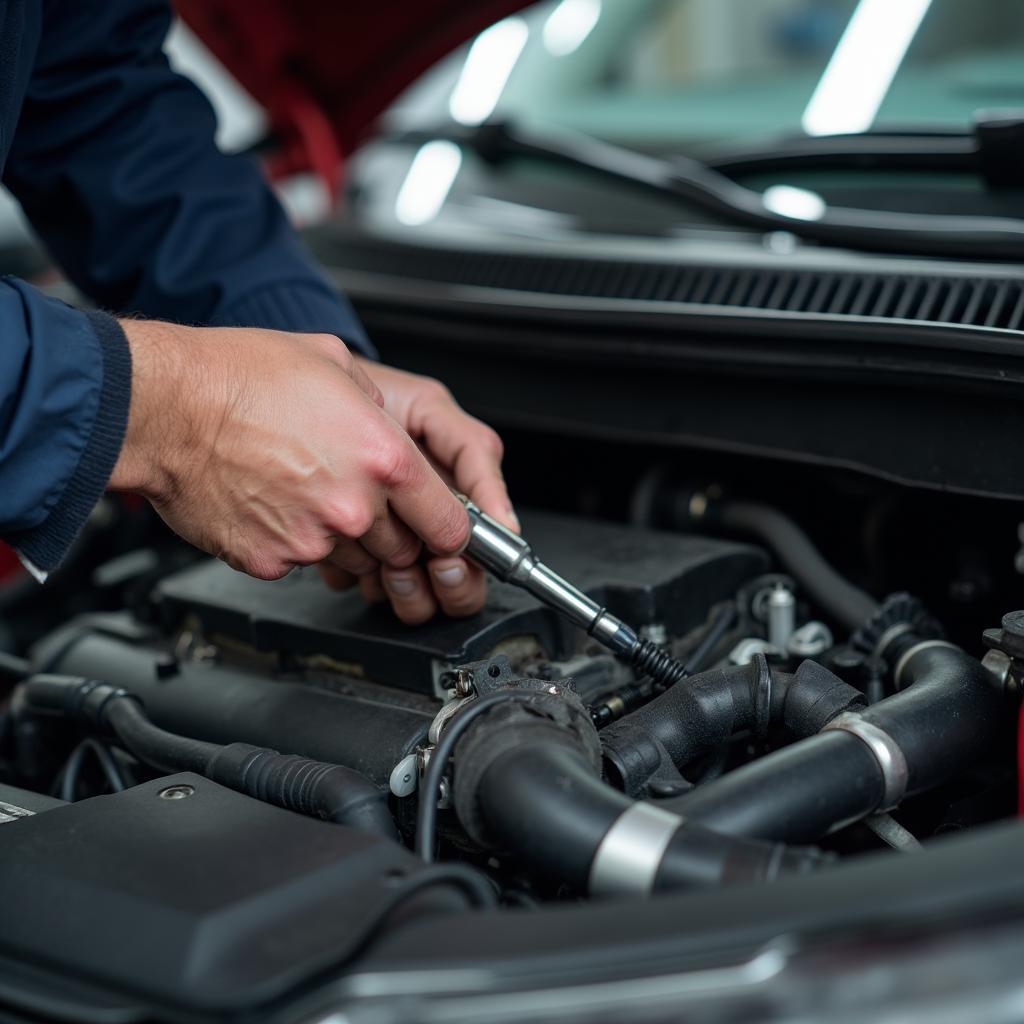 Mechanic inspecting a car engine for problems