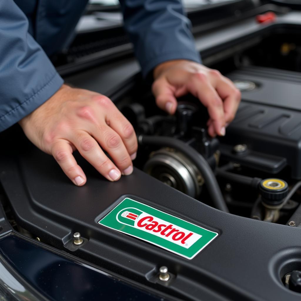 Mechanic inspecting car engine with Castrol sticker in background