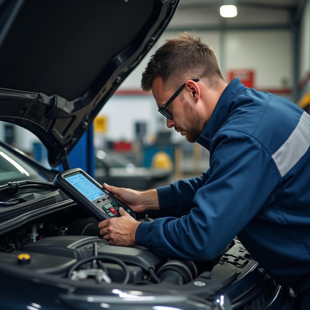 Mechanic inspecting engine in Civray