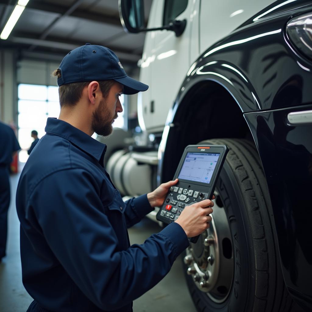 A mechanic in a Newhall fleet service centre inspects a vehicle engine.