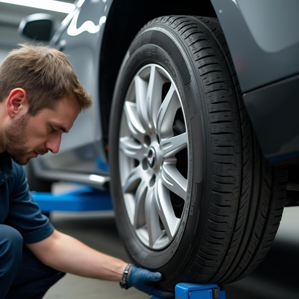 Experienced Mechanic Inspecting Tire Condition