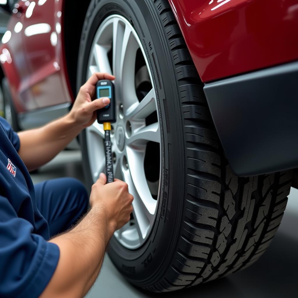 Mechanic Checking Tire Tread Depth