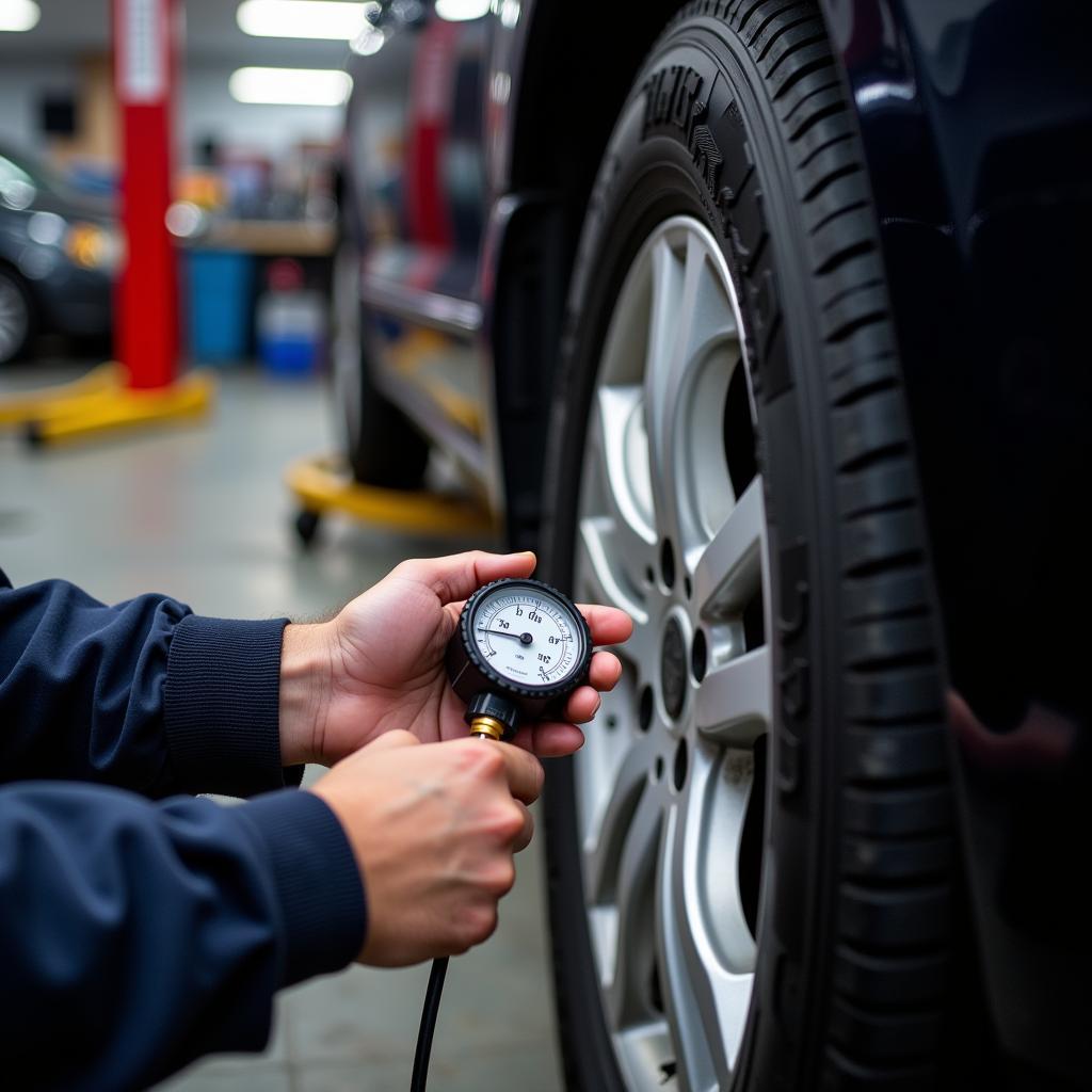 Mechanic Inspecting Tires with Pressure Gauge