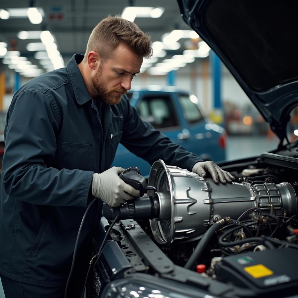 Mechanic Inspecting a Car Transmission