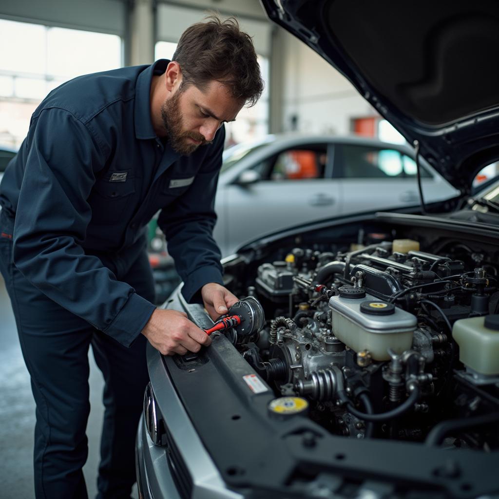 Mechanic working on car transmission