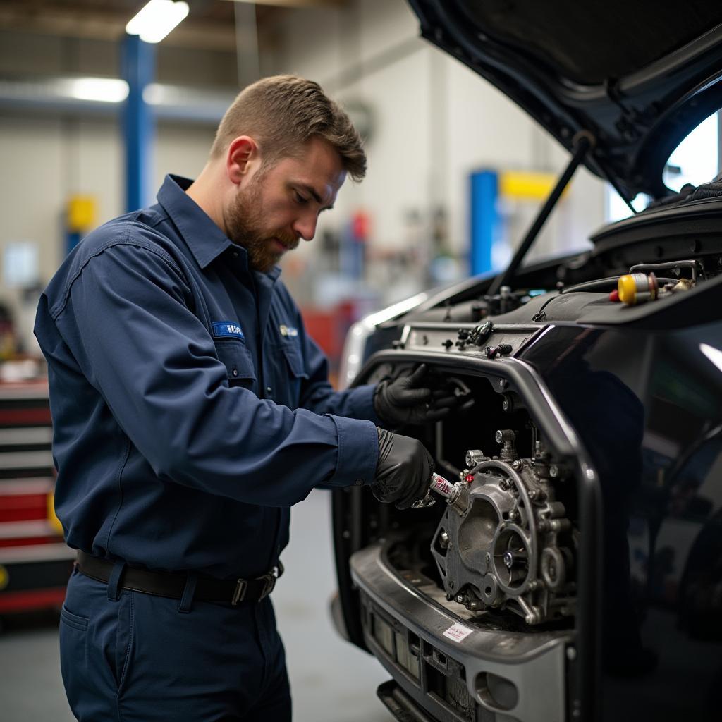 Mechanic inspecting a car transmission in a Boneo workshop