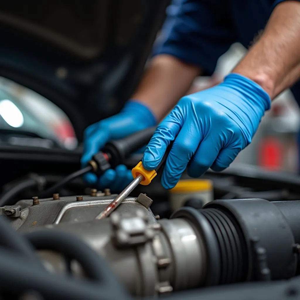 Mechanic inspecting transmission fluid