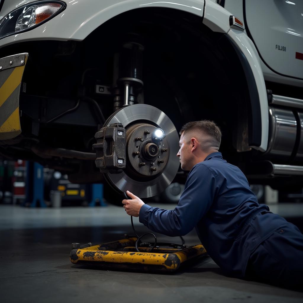 Mechanic inspecting the brake system of a heavy-duty truck